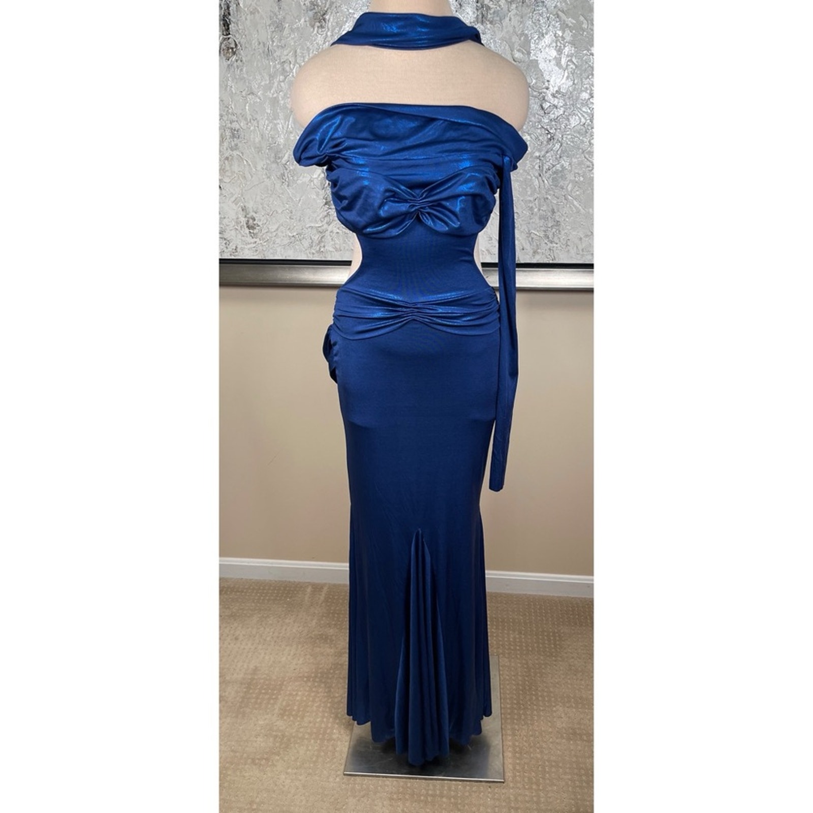 Di Petsa Moonlight Off The Shoulder Ruched Cutout Metallic Blue Maxi Dress Sz M — image 2 of 8